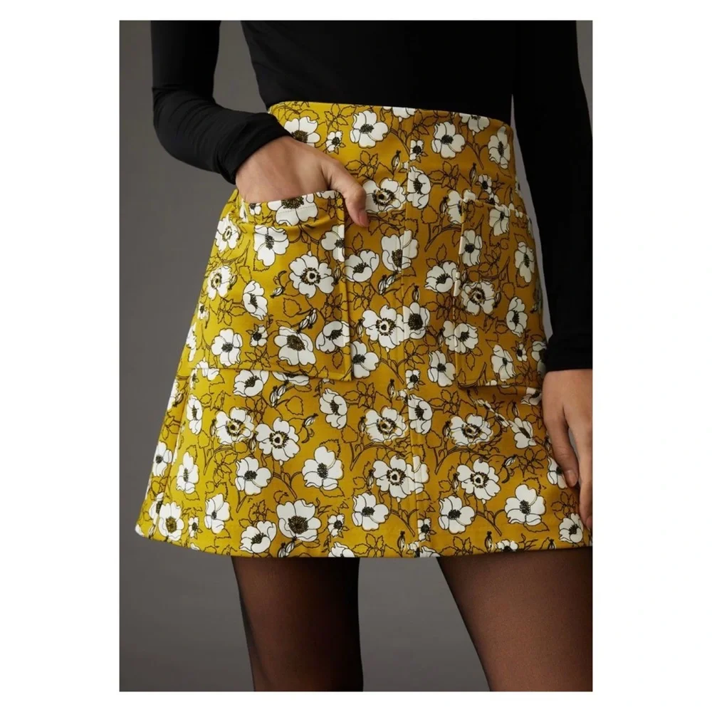 NWOT Anthropologie A-Line Mini Skirt in Yellow Motif  Size XSmall_2